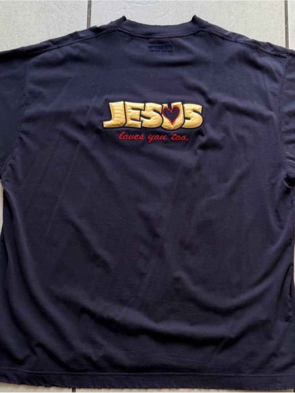 Vetements Navy Tee with Gold and Red Embroidered 'JESUS' Graphic